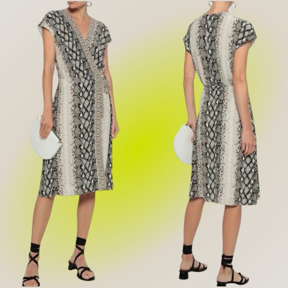 Joie True Wrap Dress Snake Python Tan Beige Bethwyn Midi Womens XL 12